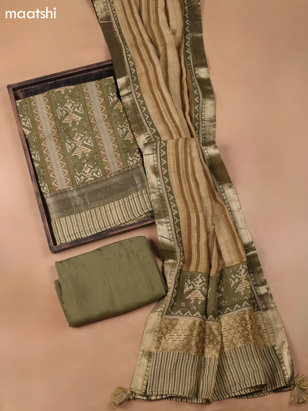 Green and Beige Art Silk Dress Material With Ikat Prints and Bottom & Dupatta
