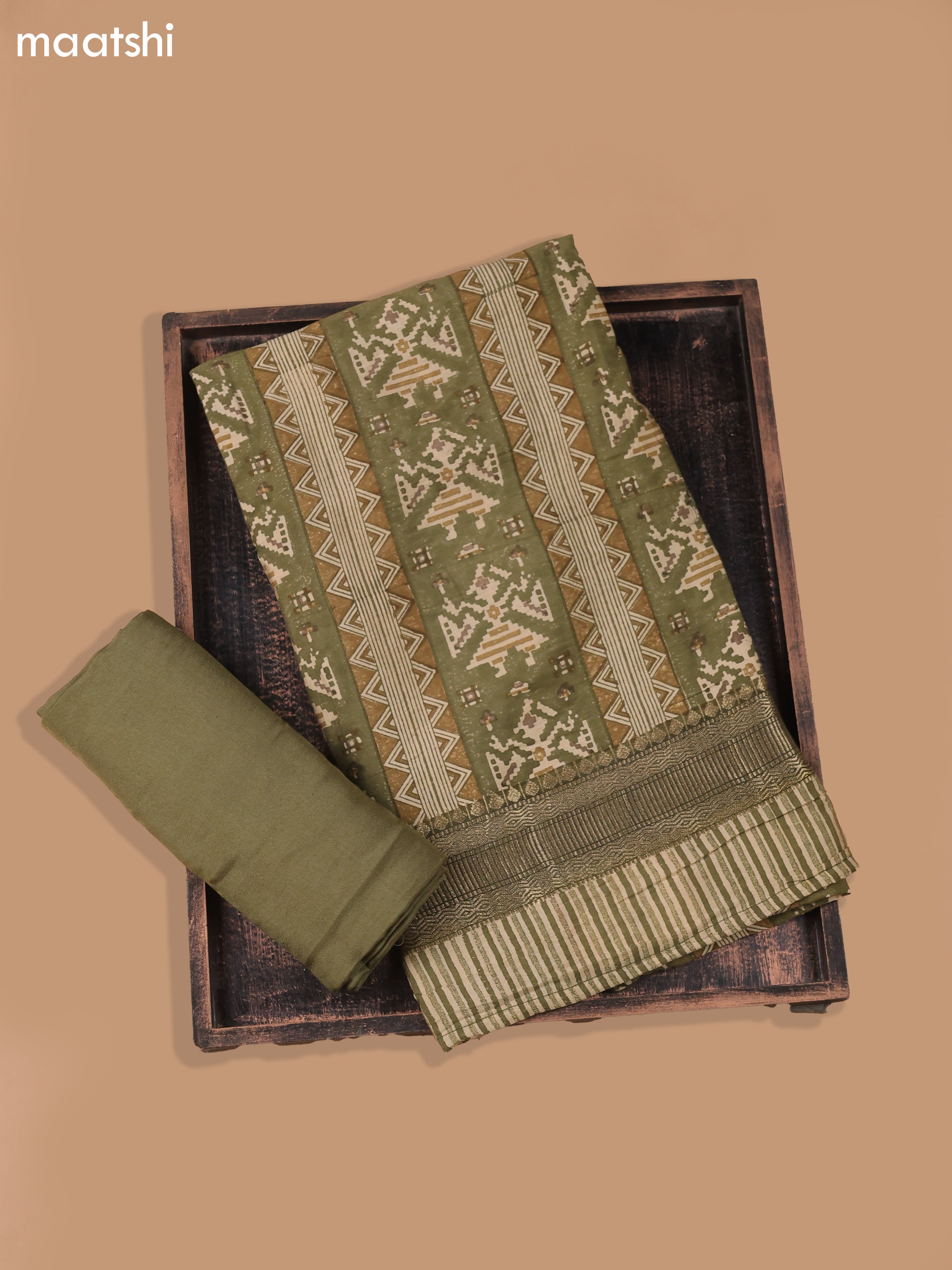 Green and Beige Art Silk Dress Material With Ikat Prints and Bottom & Dupatta