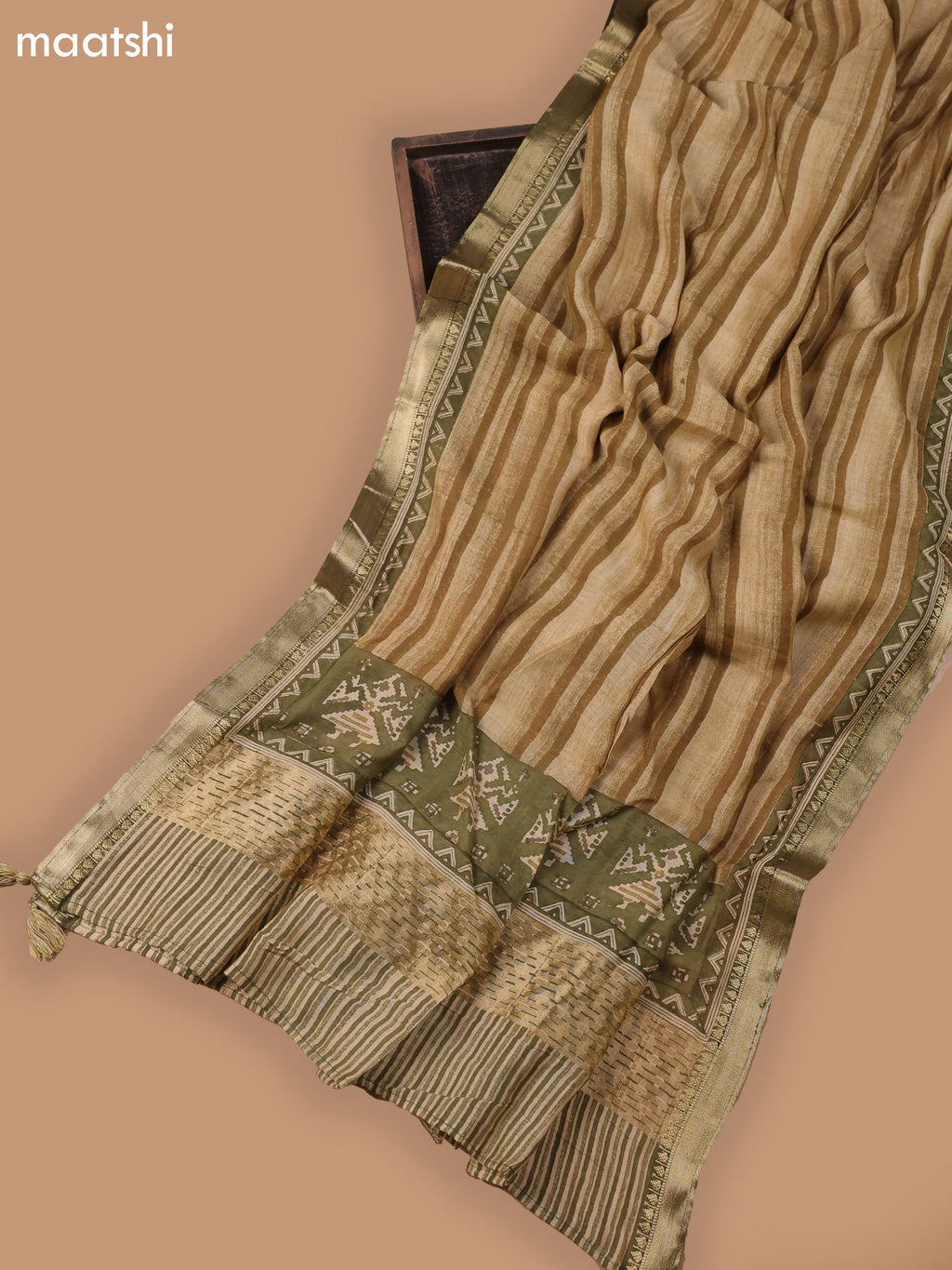 Green and Beige Art Silk Dress Material With Ikat Prints and Bottom & Dupatta