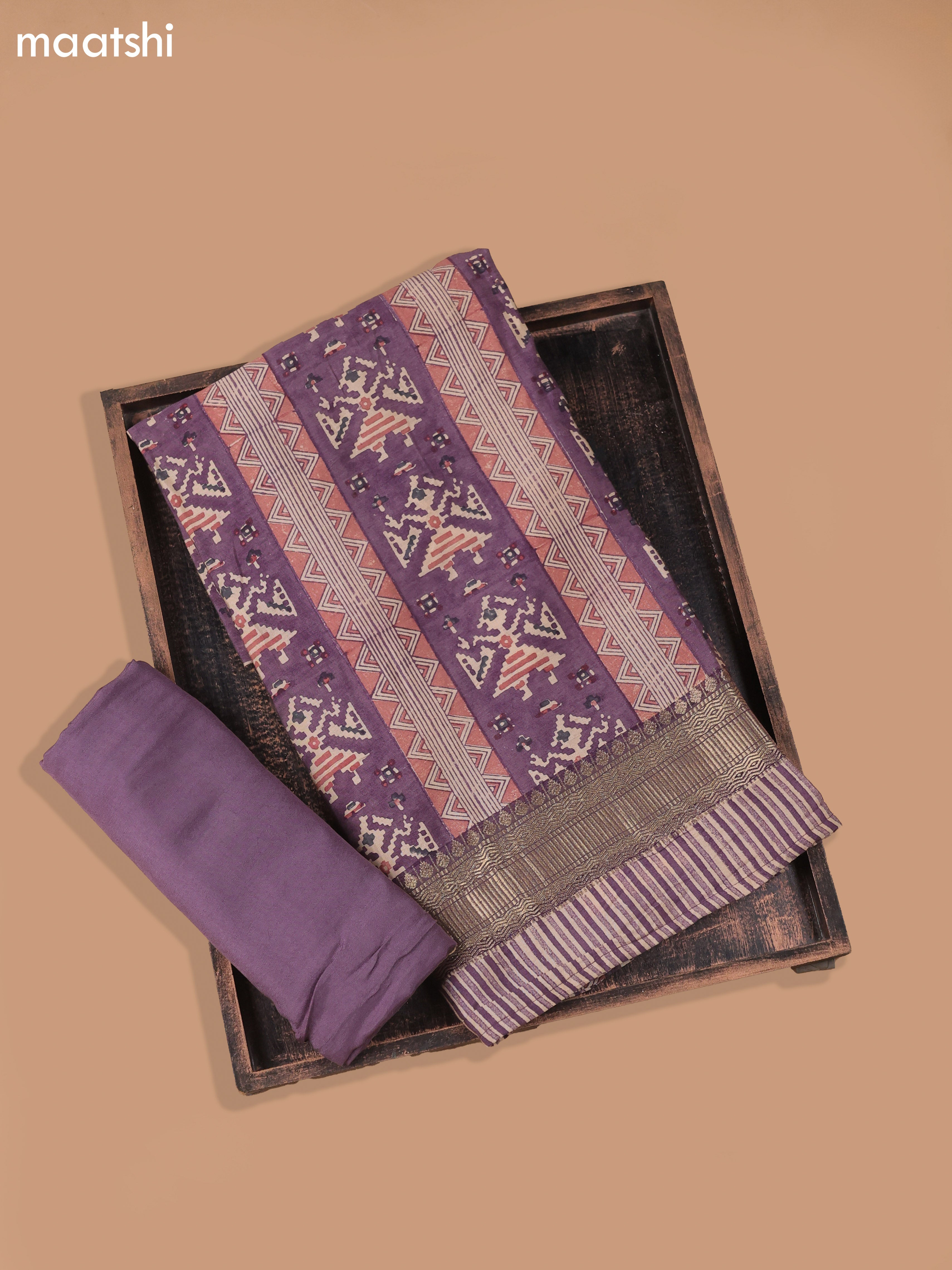 Lavender and Beige Art Silk Dress Material With Ikat Prints and Bottom & Dupatta