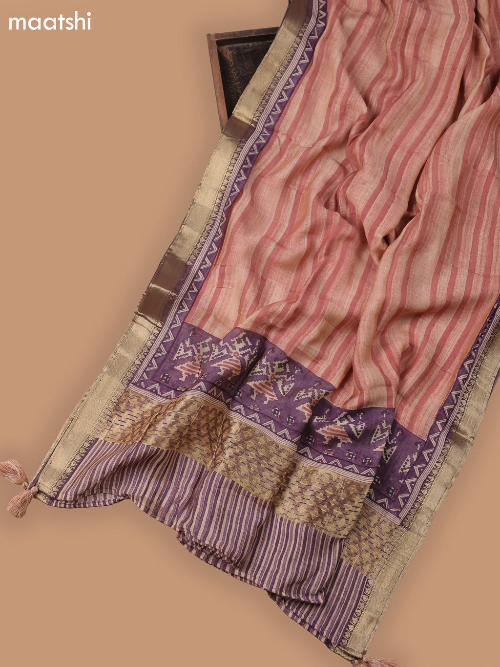 Lavender and Beige Art Silk Dress Material With Ikat Prints and Bottom & Dupatta
