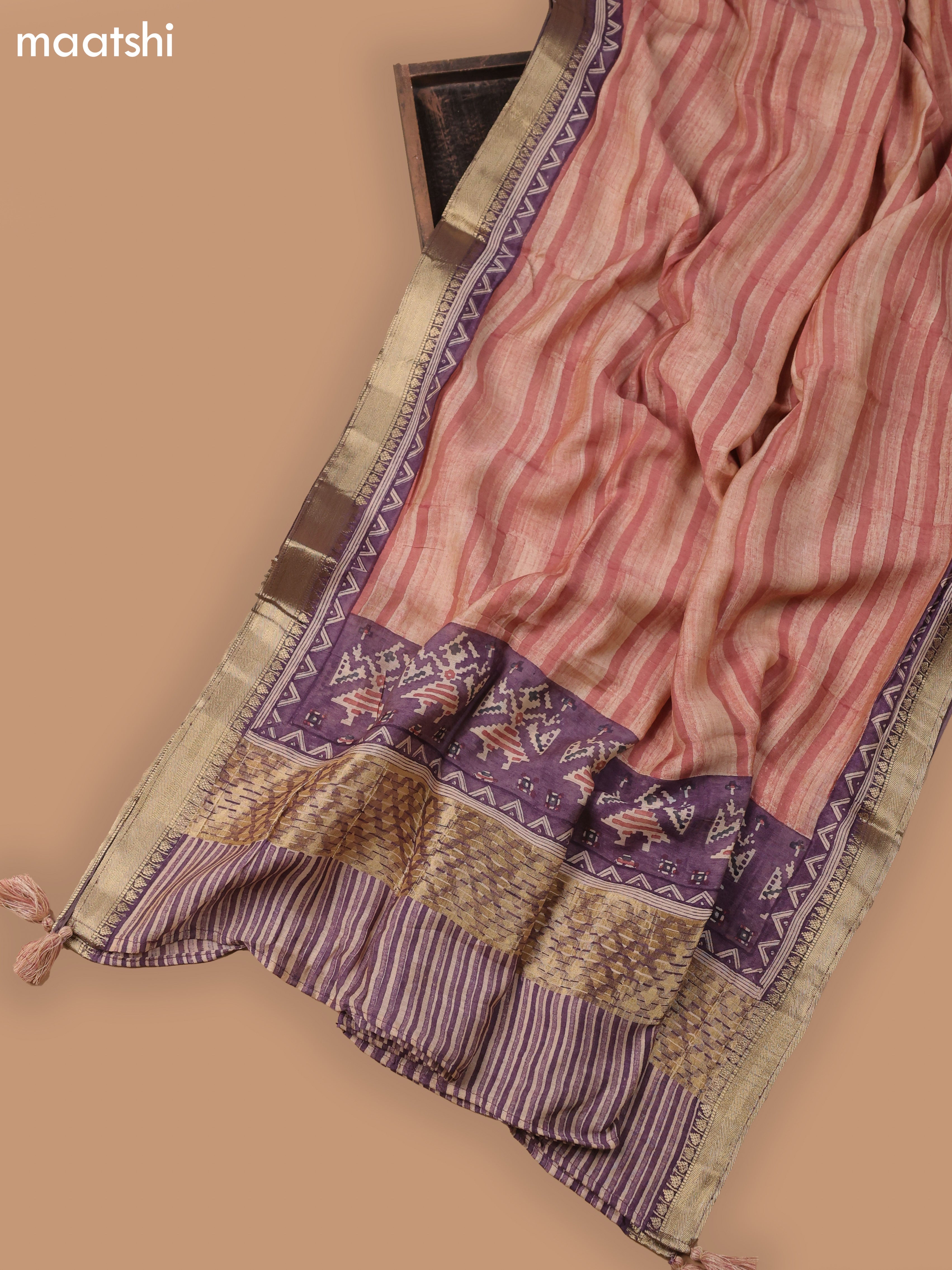 Lavender and Beige Art Silk Dress Material With Ikat Prints and Bottom & Dupatta