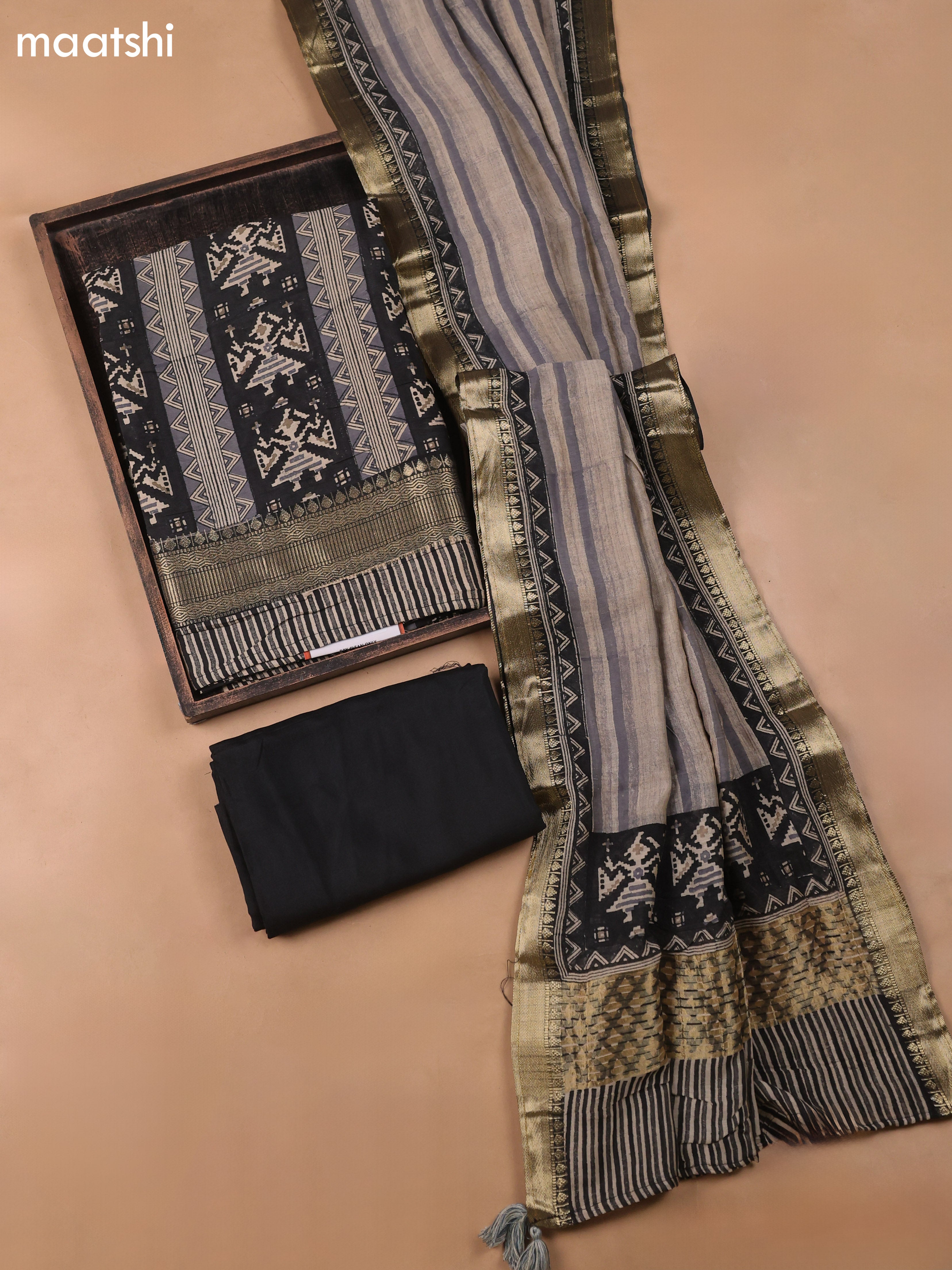Black and Beige Art Silk Dress Material With Ikat Prints and Bottom & Dupatta