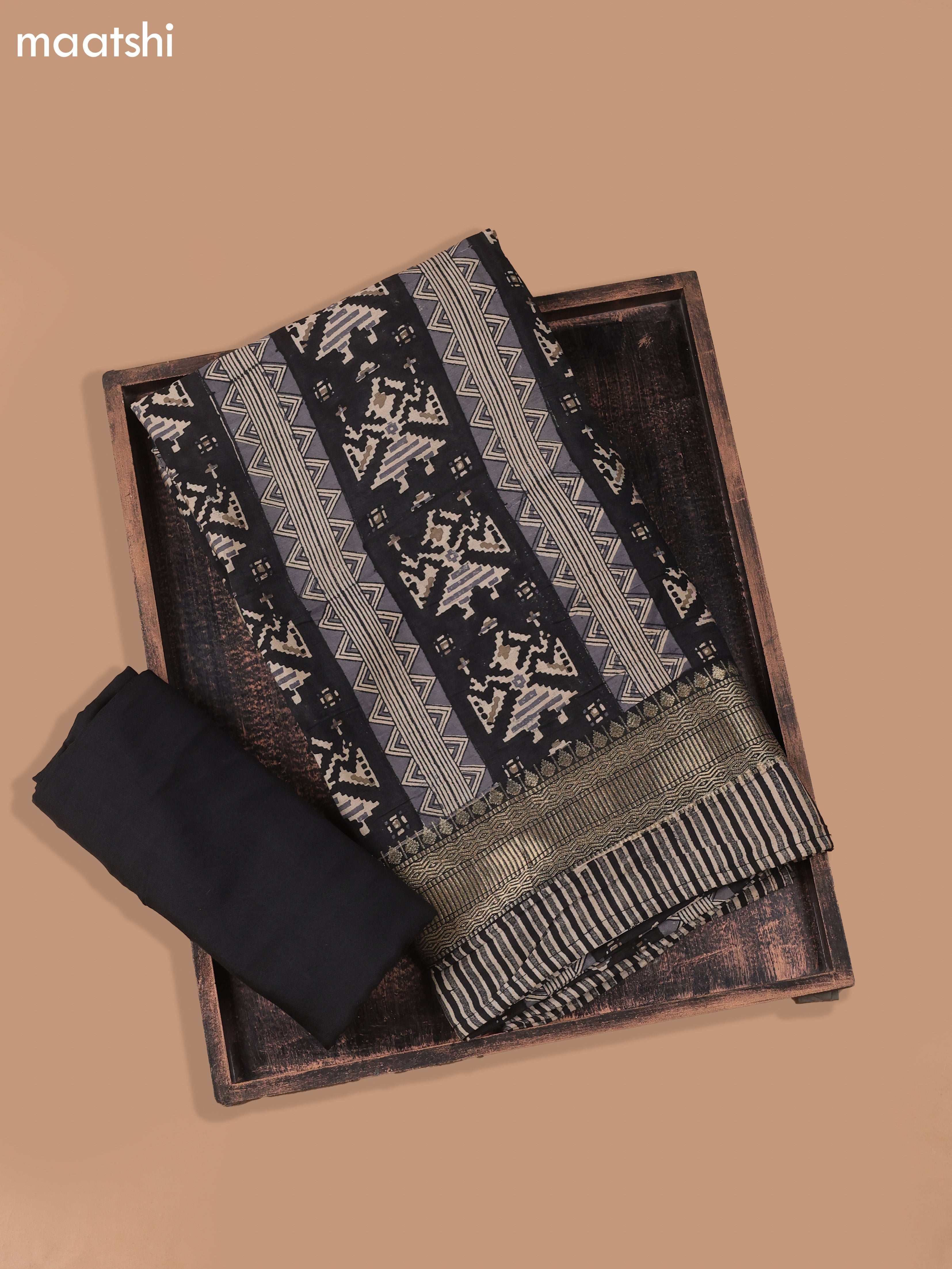 Black and Beige Art Silk Dress Material With Ikat Prints and Bottom & Dupatta