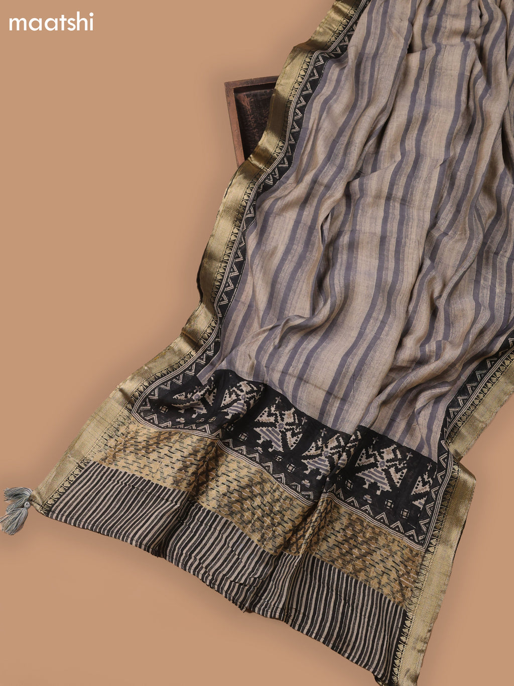Black and Beige Art Silk Dress Material With Ikat Prints and Bottom & Dupatta