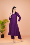Rayon co-ord set violet with collar neck pattern and straight cut pant