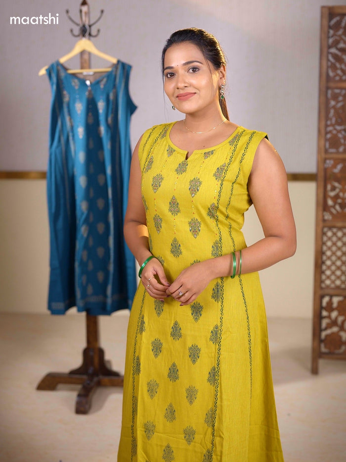 Mustard Yellow Rayon Printed & Embroidery Work A-Line Kurti Set