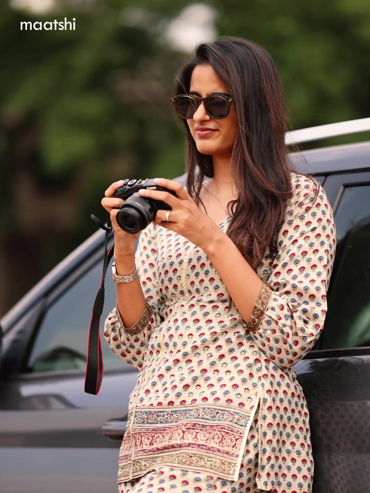 Beige and Maroon Muslin Printed Short Co-Ord Set