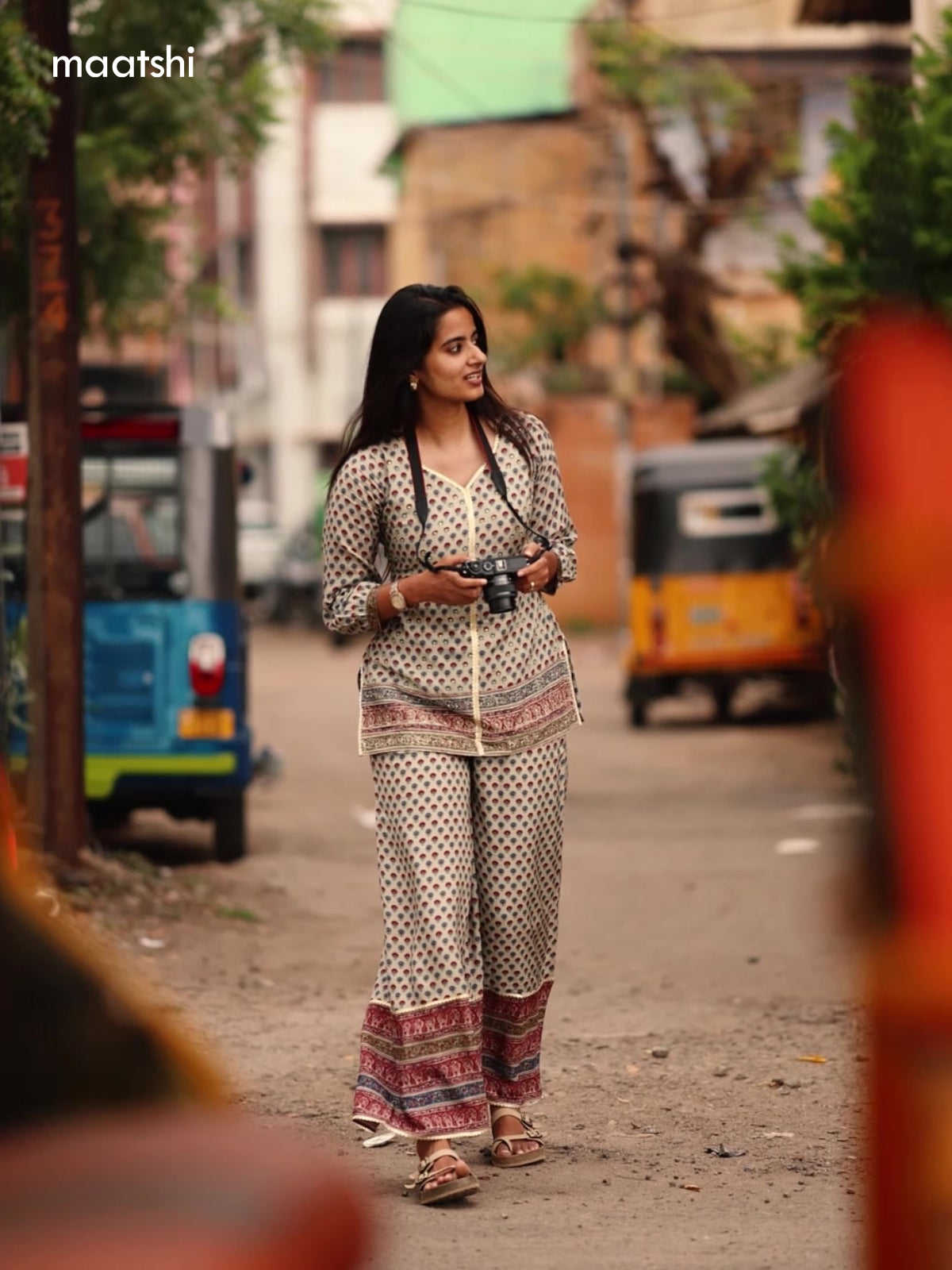 Beige and Maroon Muslin Printed Short Co-Ord Set