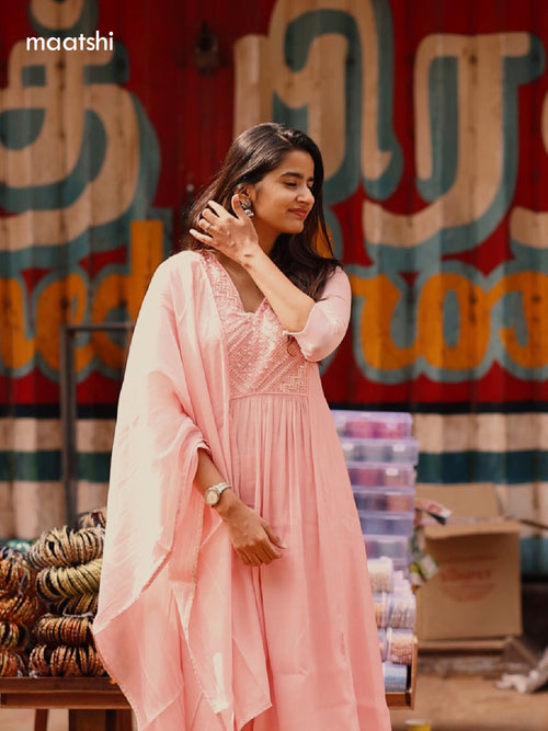 Baby Pink Mul Chanderi Embroidery Work Anarkali Suit