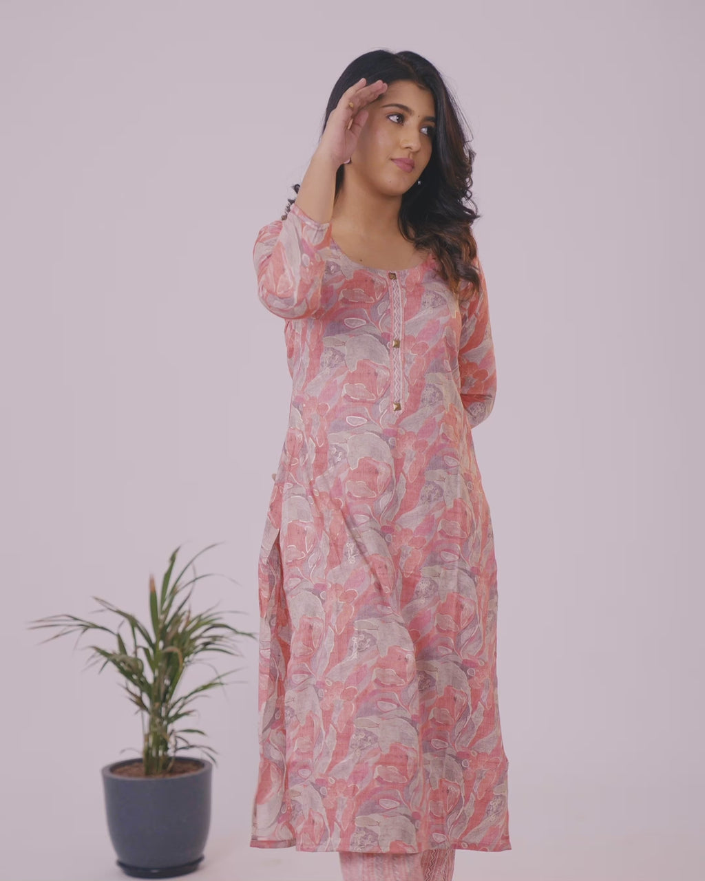 Rayon kurti set red and grey with allover prints & simple neck pattern and straight cut pant