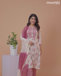 Rayon salwar suit cream and maroon with allover prints & gotapatti lace work neck pattern and bottom & chiffon embroidery work dupatta