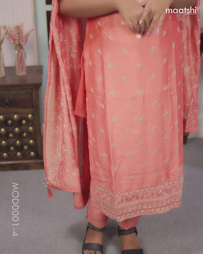 Chanderi readymade salwar suits peach orange with allover embroidery work buttas & sequin work neck pattern and straight cut pant & sequin work dupatta sleeve attached