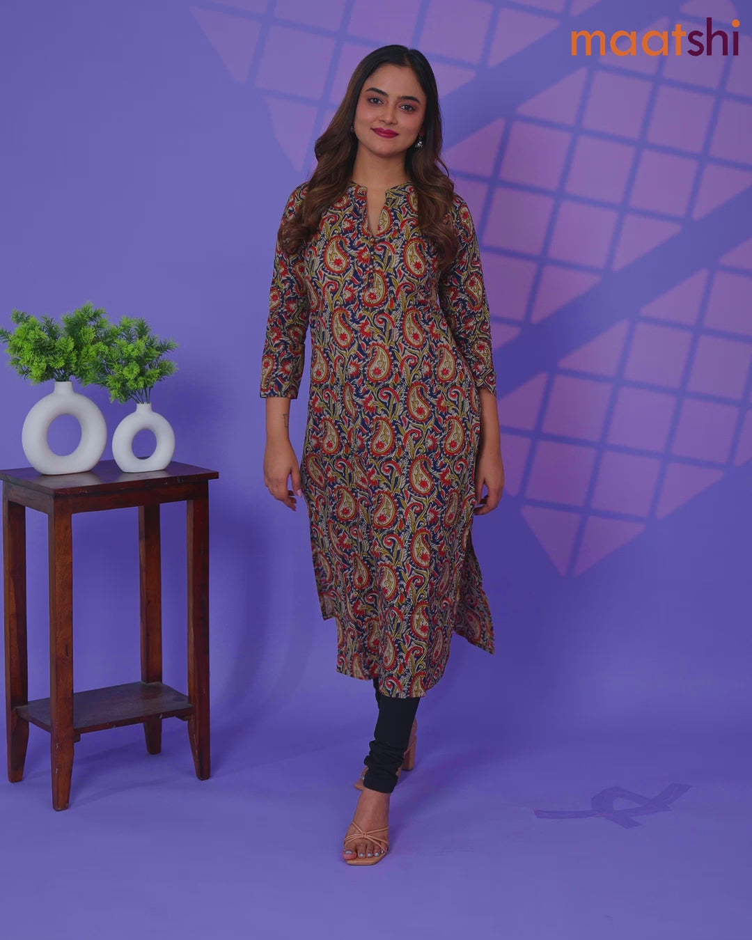 Cotton kurti navy blue and cream with allover kalamkari prints & simple neck pattern and without pant