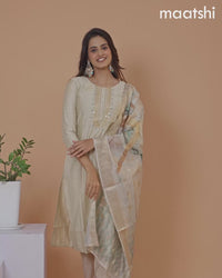 Cotton salwar suit beige and pastel green with self emboss & embroidery mirror work neck pattern and straight cut pant & banarasi dupatta