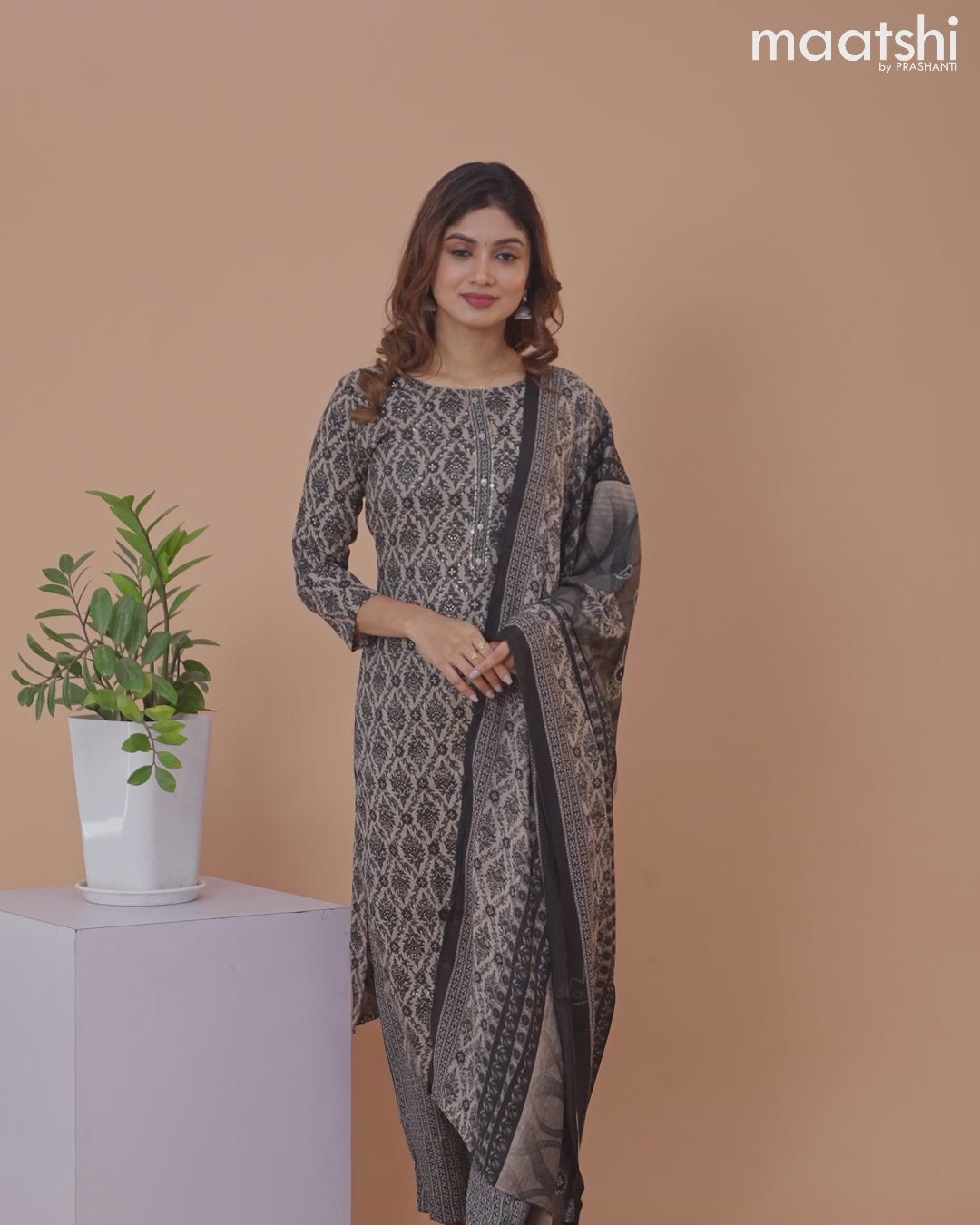 Rayon cotton salwar suit grey and black with allover prints & simple neck pattern and straight cut pant & dupatta