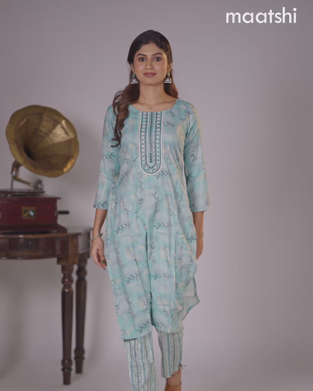 Rayon kurti teal blue and cream with allover prints and zari stripe & embroidery mirror work neck pattern and straight cut pant