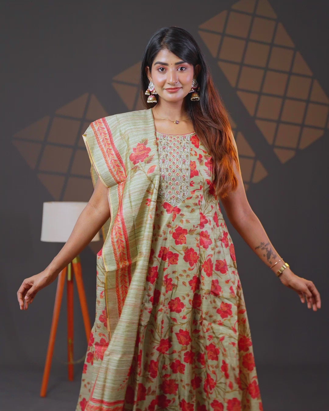 Chanderi readymade anarkali salwar suit pastel green with allover prints & zardosi work neck pattern and straight cut pant & printed dupatta