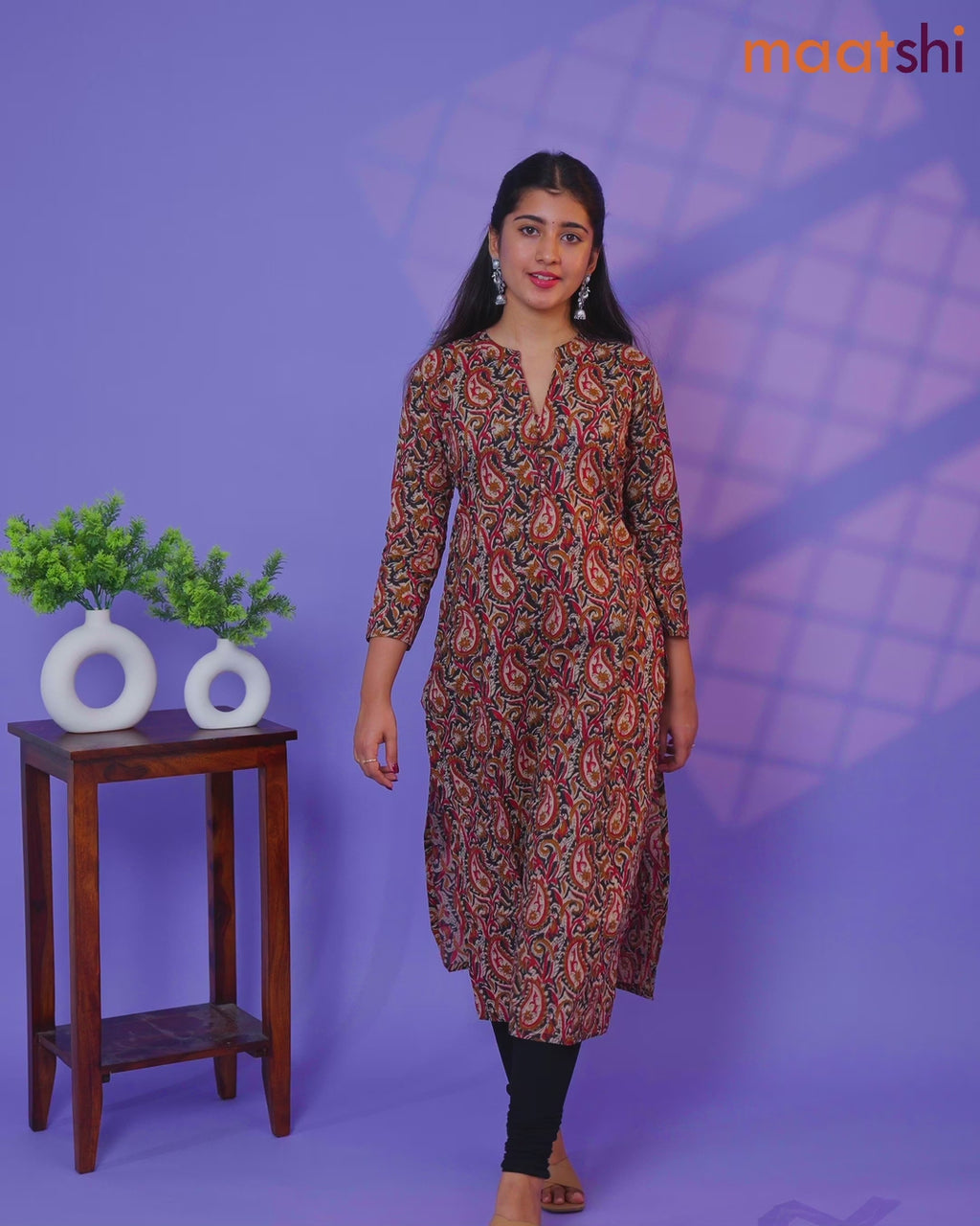 Cotton kurti cream and black maroon with allover kalamkari prints & simple neck pattern and without pant