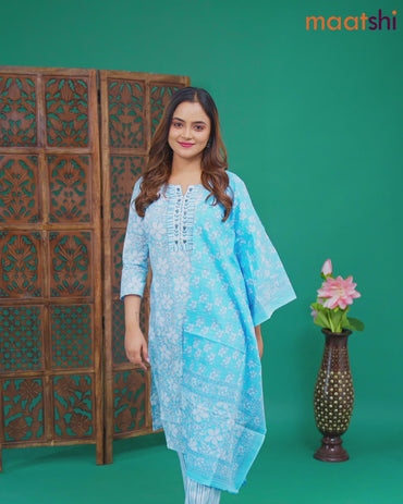 Cotton salwar suit light blue and off white with allover floral prints & embroidery patch work neck pattern and straight cut pant & cotton dupatta