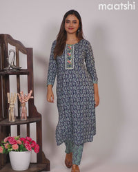 Cotton readymade kurti set blue and teal blue with allover prints & embroidery mirror work neck pattern and straight cut pant