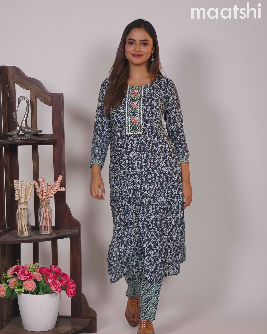 Cotton readymade kurti set blue and teal blue with allover prints & embroidery mirror work neck pattern and straight cut pant