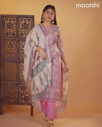 Chanderi salwar suit pink with allover kalamkari prints & embroidery zardosi work neck pattern and straight cut pant & dupatta