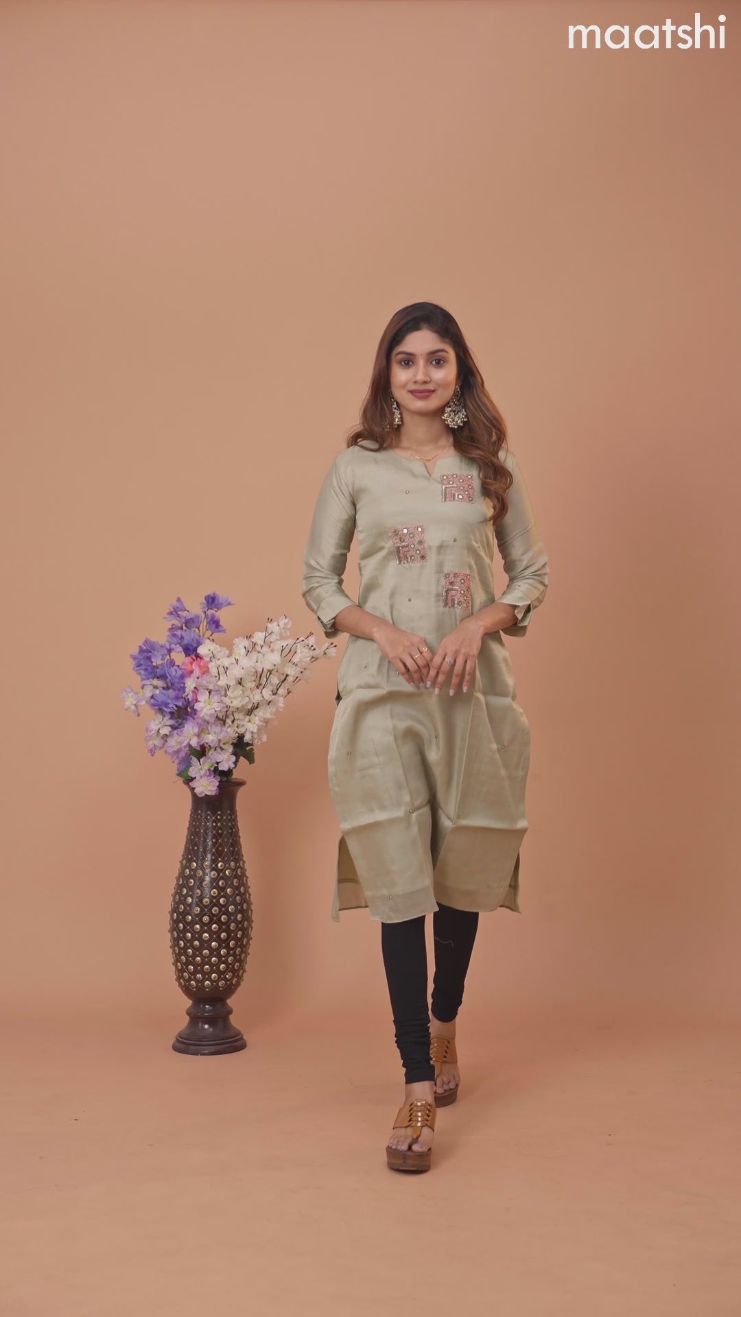 Chanderi readymade kurti pastel green with mirror & french knot work without pant