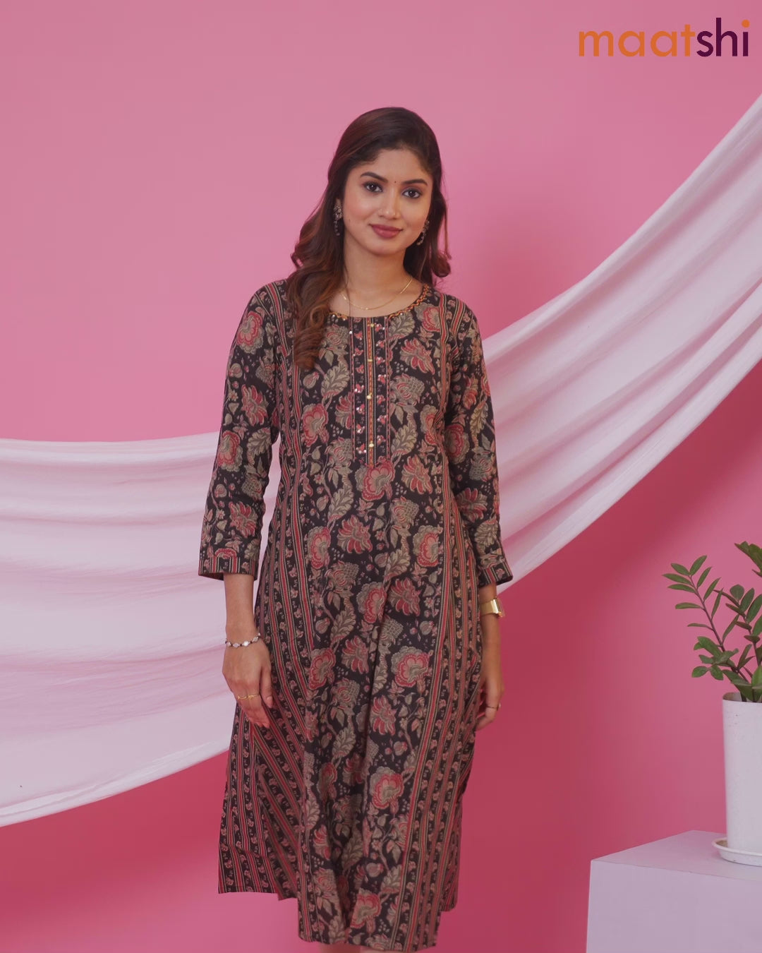 Cotton readymade A-line kurti black and beige with allover kalamkari prints & simple neck pattern and without pant