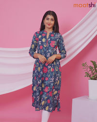 Cotton readymade A-line kurti peacock blue and multi colour with allover floral prints & collar neck pattern and without pant