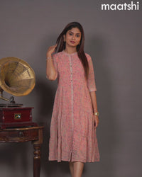Chiffon readymade dress peach pink with allover floral prints & simple collar neck design without pant