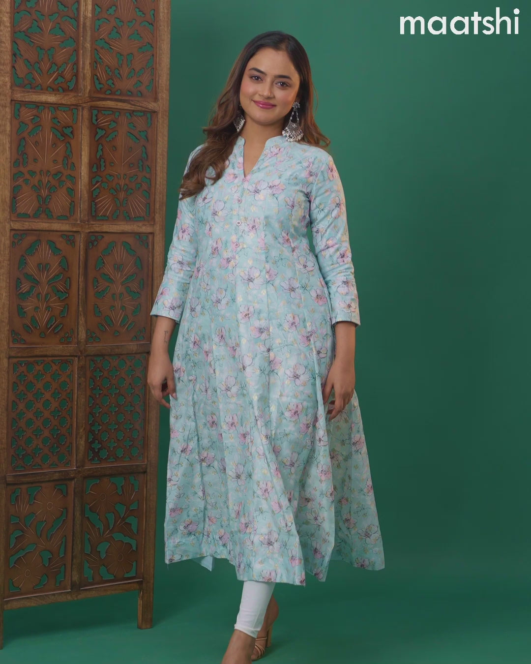 Chanderi readymade anarkali kurti teal blue with floral digital prints & zari buttas simple neck pattern and without pant