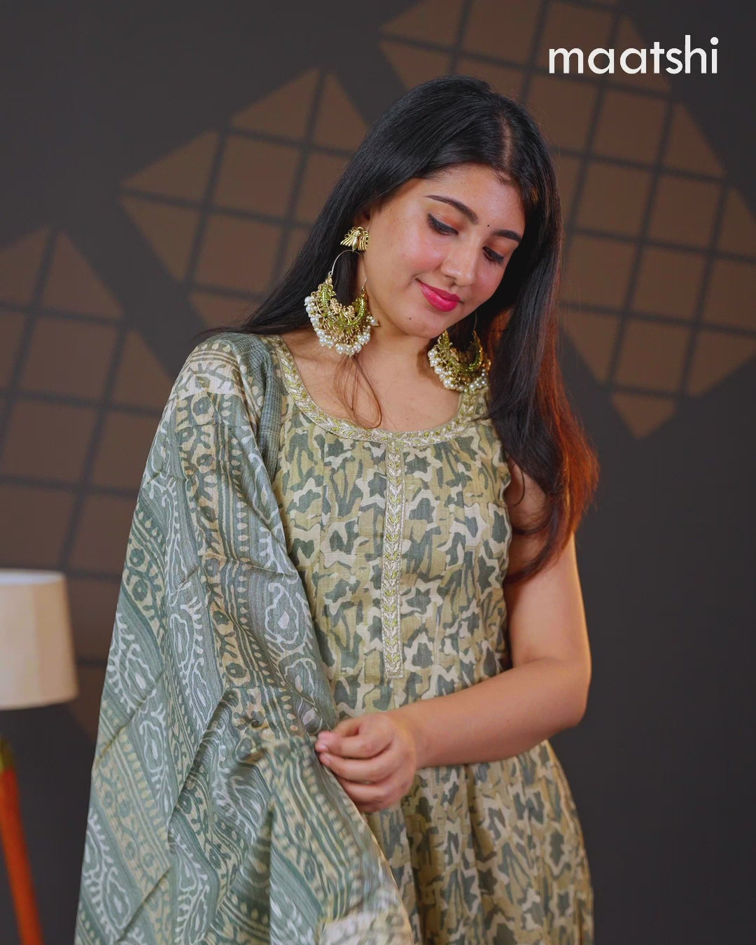 Chanderi readymade anarkali suit green shade and  with allover prints & simple embroidery neck design and straight cut pant & dupatta