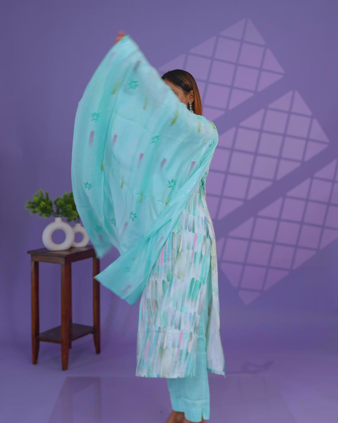Cotton readymade salwar suit teal blue with prints & french knot sequin work v neck pattern and straight cut pant & chanderi sequin work dupatta