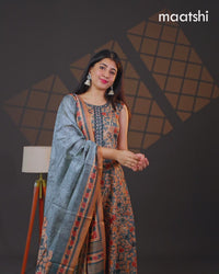 Semi chanderi readymade anarkali salwar suit peacock blue with allover kalamkari prints & embroidery knot work neck pattern and straight cut pant & dupatta sleeve attached