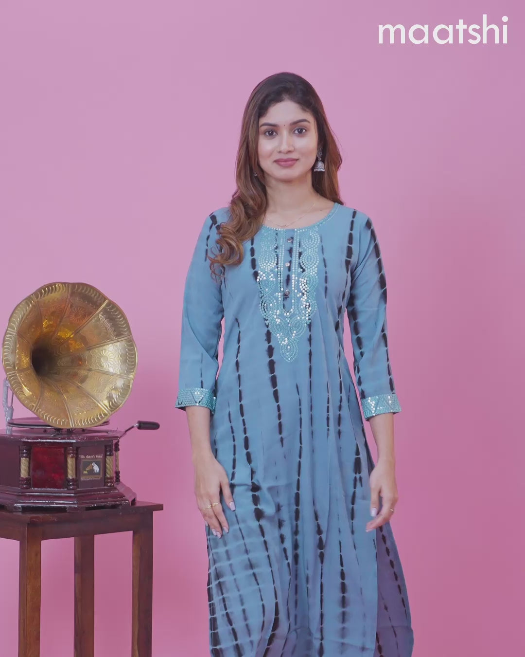 Chiffon kurti blue with tie and dye prints & sequin work neck pattern and without pant