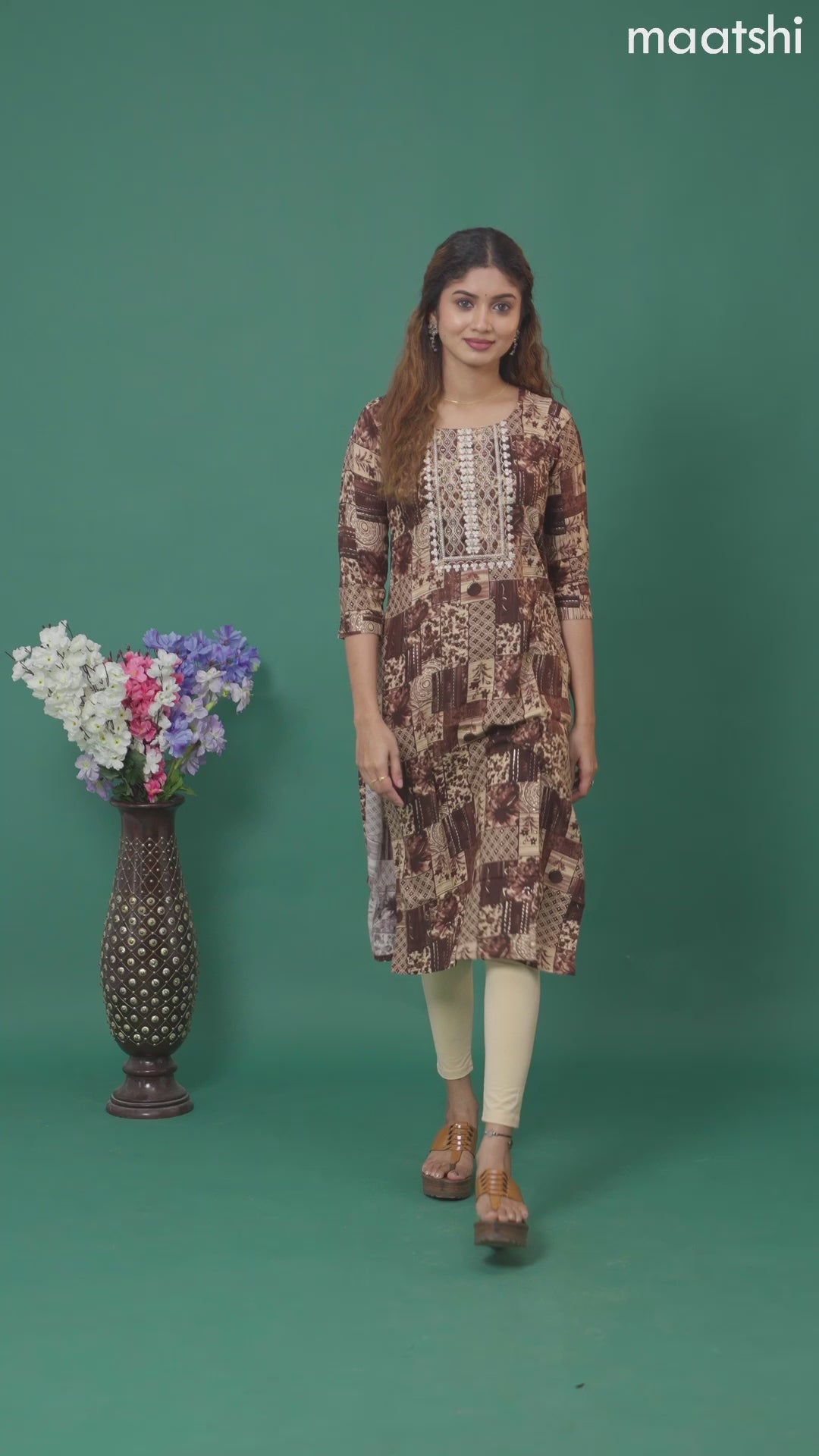 Cotton readymade kurti brown and beige with allover prints & embroidery mirror work neck pattern without pant