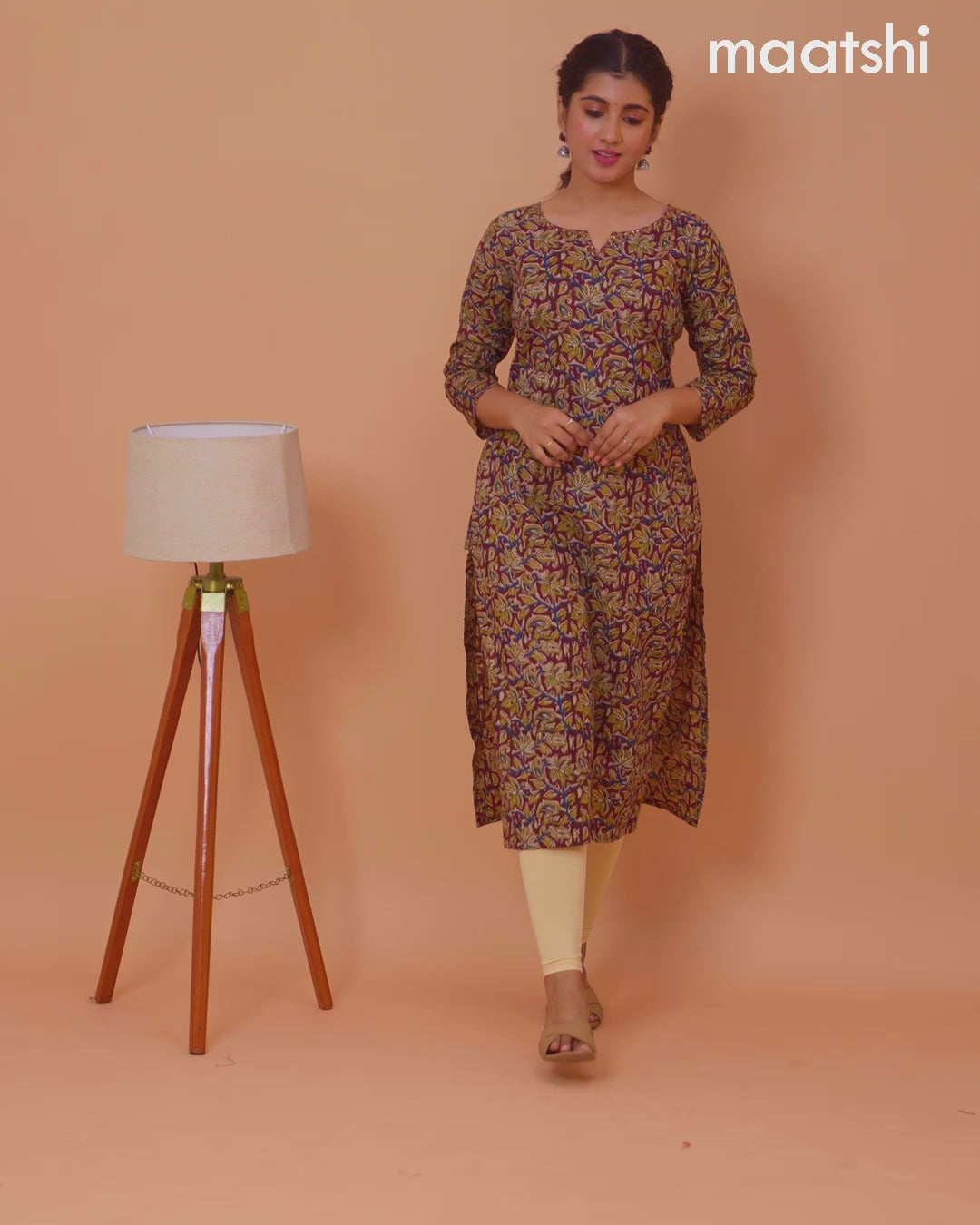 Cotton readymade kurti deep maroon and beige with kalamkari prints & kantha stitch sequin work neck pattern and without pant