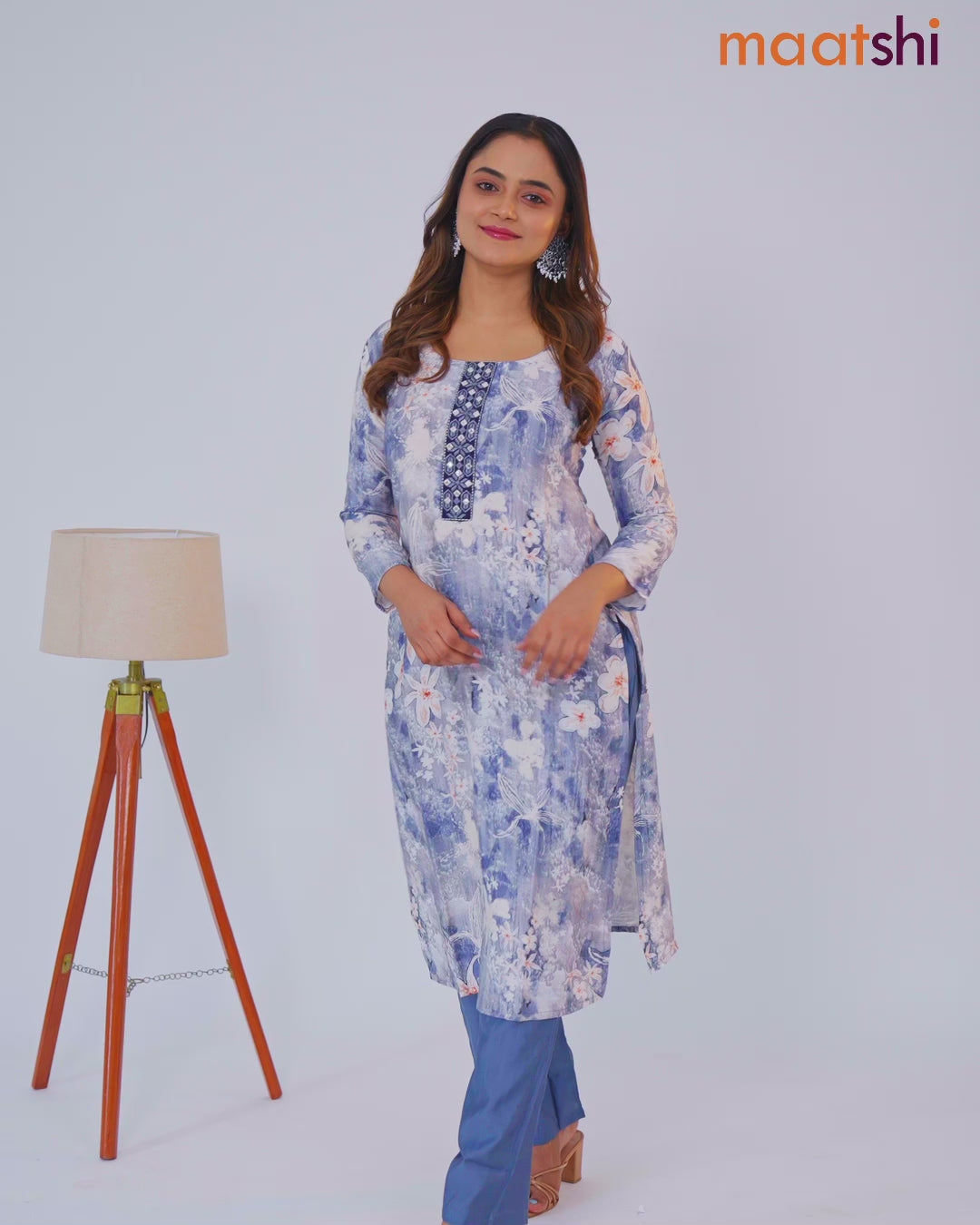 Rayon cotton readymade kurti set off white and bluish grey with allover floral prints & embroidery mirror work neck pattern and straight cut pant