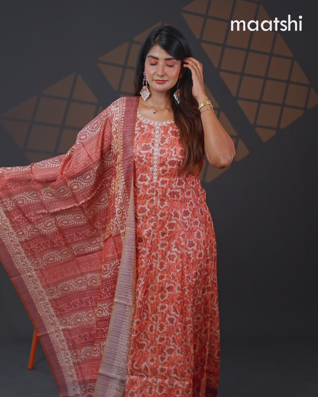 Chanderi readymade anarkali suit rustic brown and  with allover prints & simple embroidery neck design and straight cut pant & dupatta