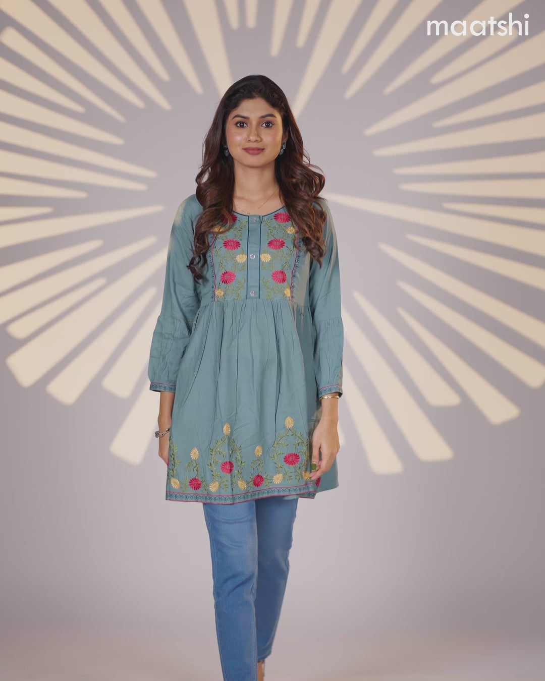 Cotton umbrella short kurti pastel shade with plain body & embroidery work neck pattern and without pant