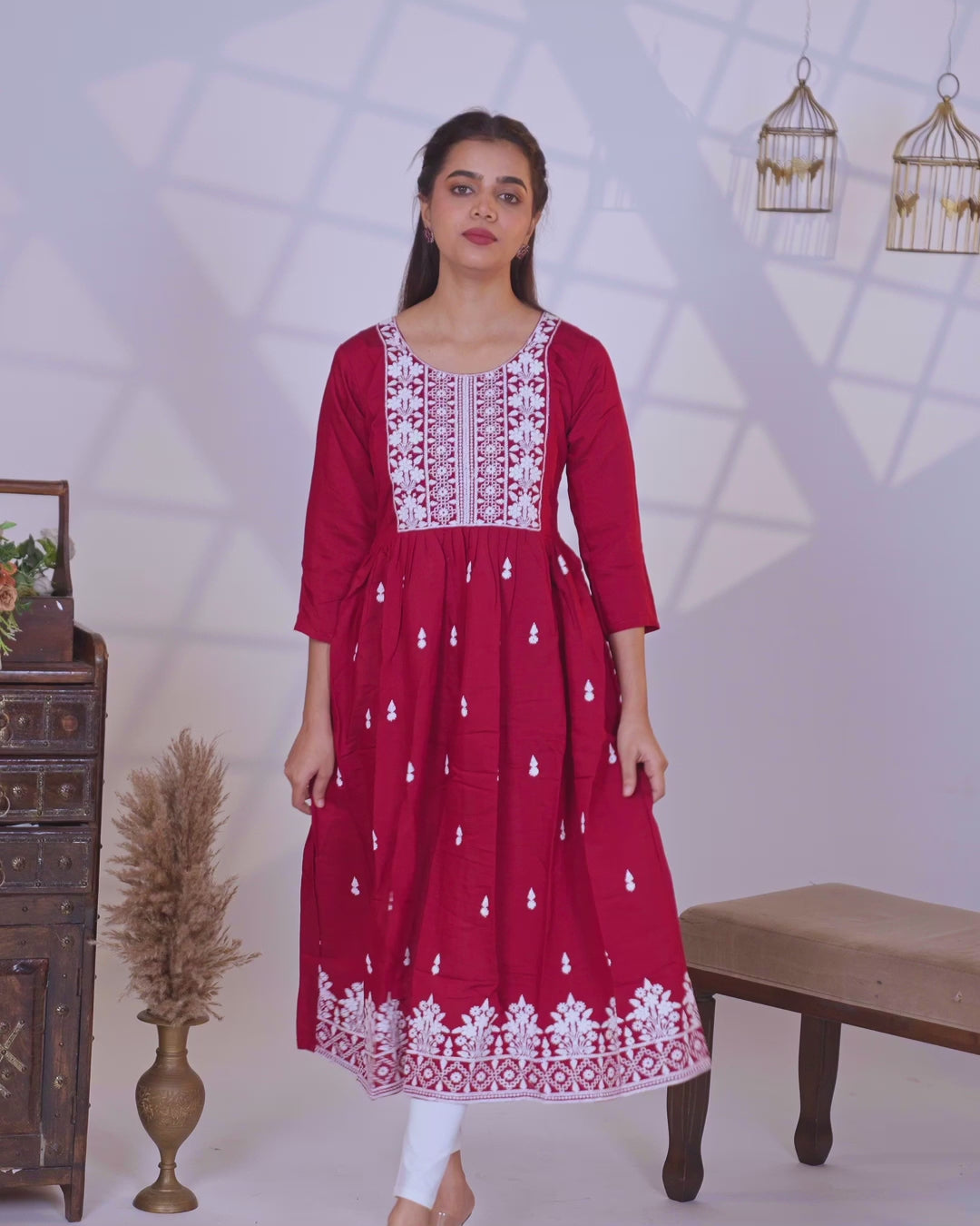 Rayon readymade umbrella kurti maroon with embroidery butta & embroidery work neck pattern without pant