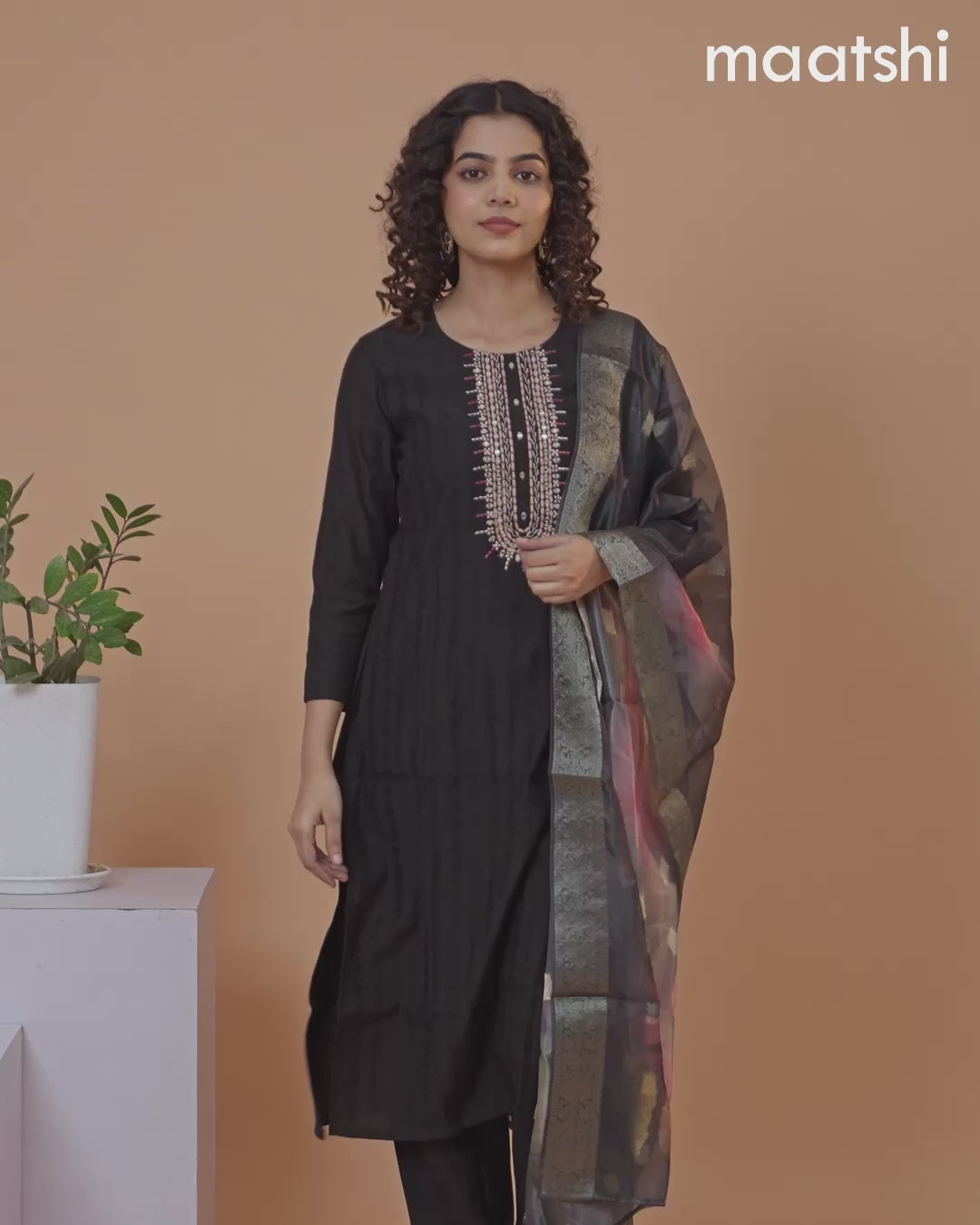 Cotton salwar suit black with self emboss & embroidery mirror work neck pattern and straight cut pant & banarasi dupatta