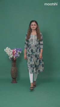 Cotton readymade kurti peacock green and beige with allover prints & embroidery mirror work neck pattern without pant