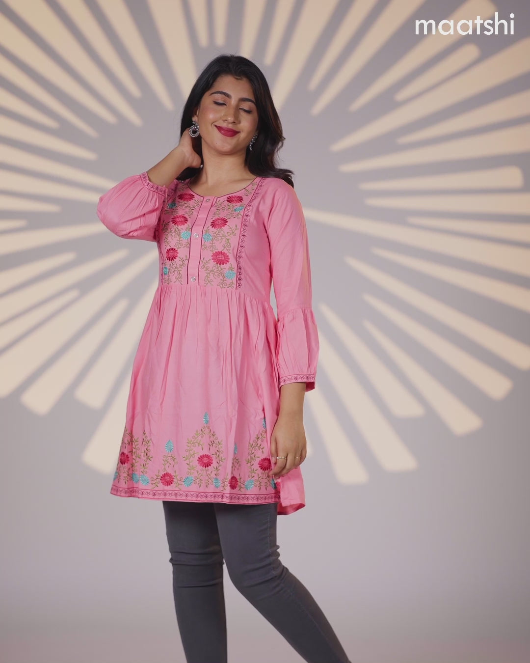 Cotton umbrella short kurti light pink with plain body & embroidery work neck pattern and without pant