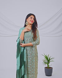 Modal readymade salwar suit pastel green with allover prints & sequin work neck pattern and straight cut pant & chiffon sequin work dupatta