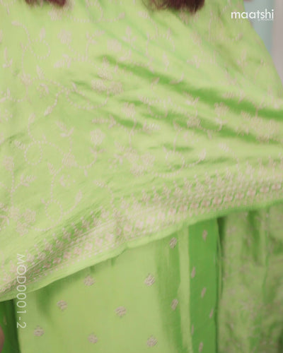 Chanderi readymade salwar suits light green with allover embroidery work buttas & sequin work neck pattern and straight cut pant & sequin work dupatta sleeve attached