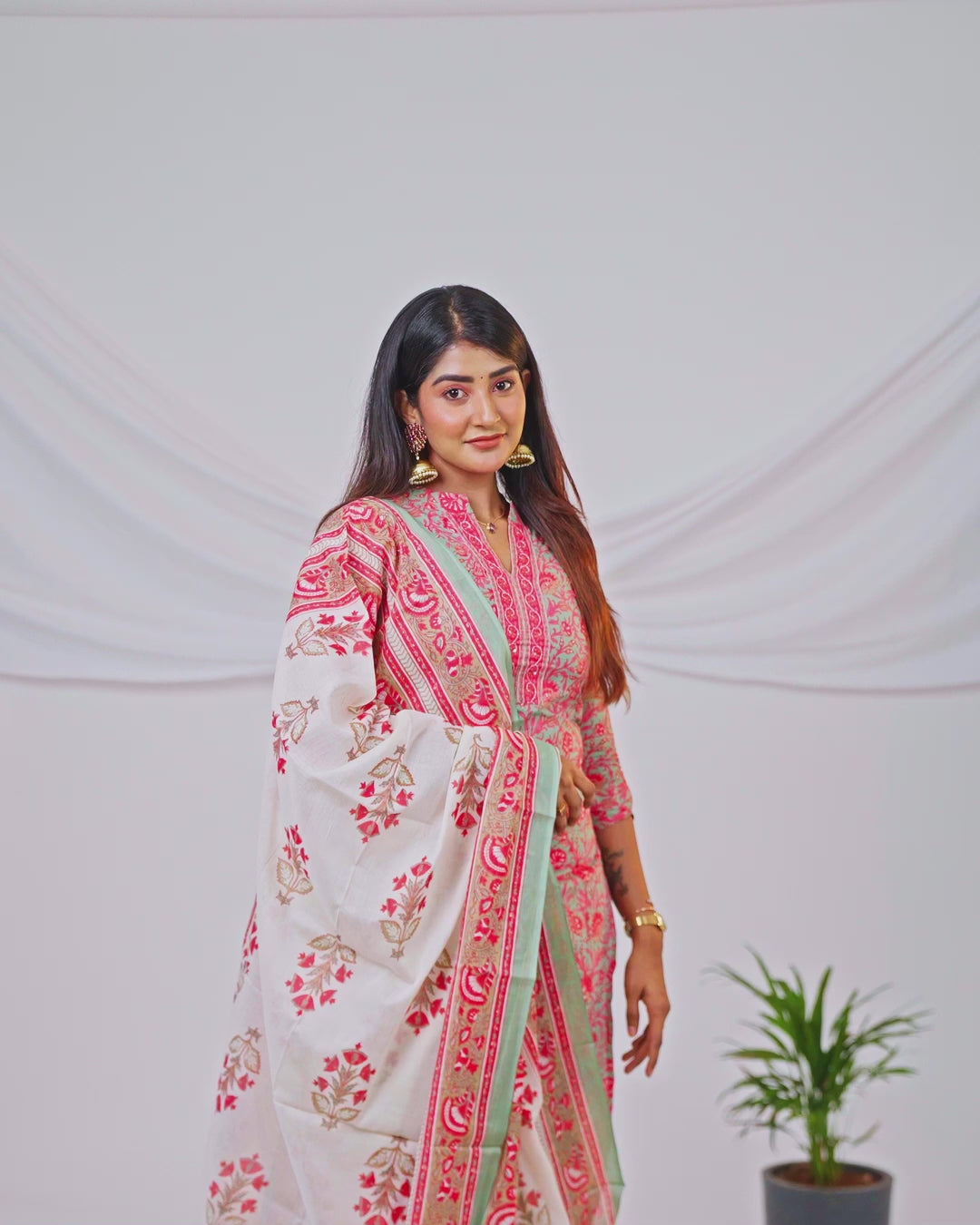 Cotton readymade salwar suit pastel greyish green and pink with allover kalamkari prints & sequin work and straight cut pant & cotton dupatta