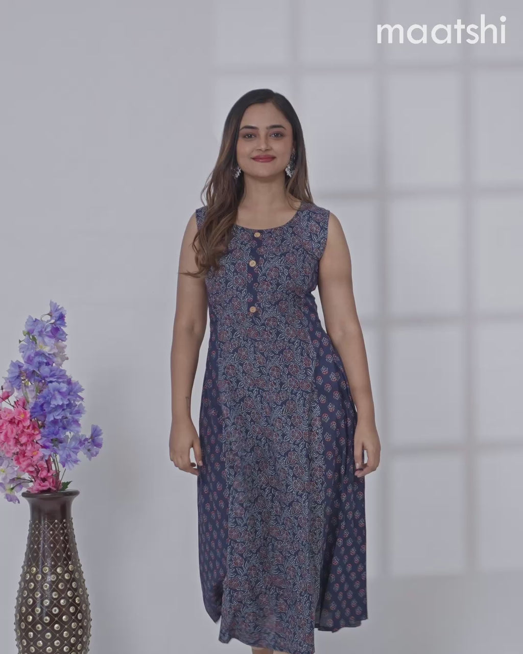 Cotton anarkali kurti dark blue with allover floral prints & simple patch work neck pattern without pant - sleeve attached