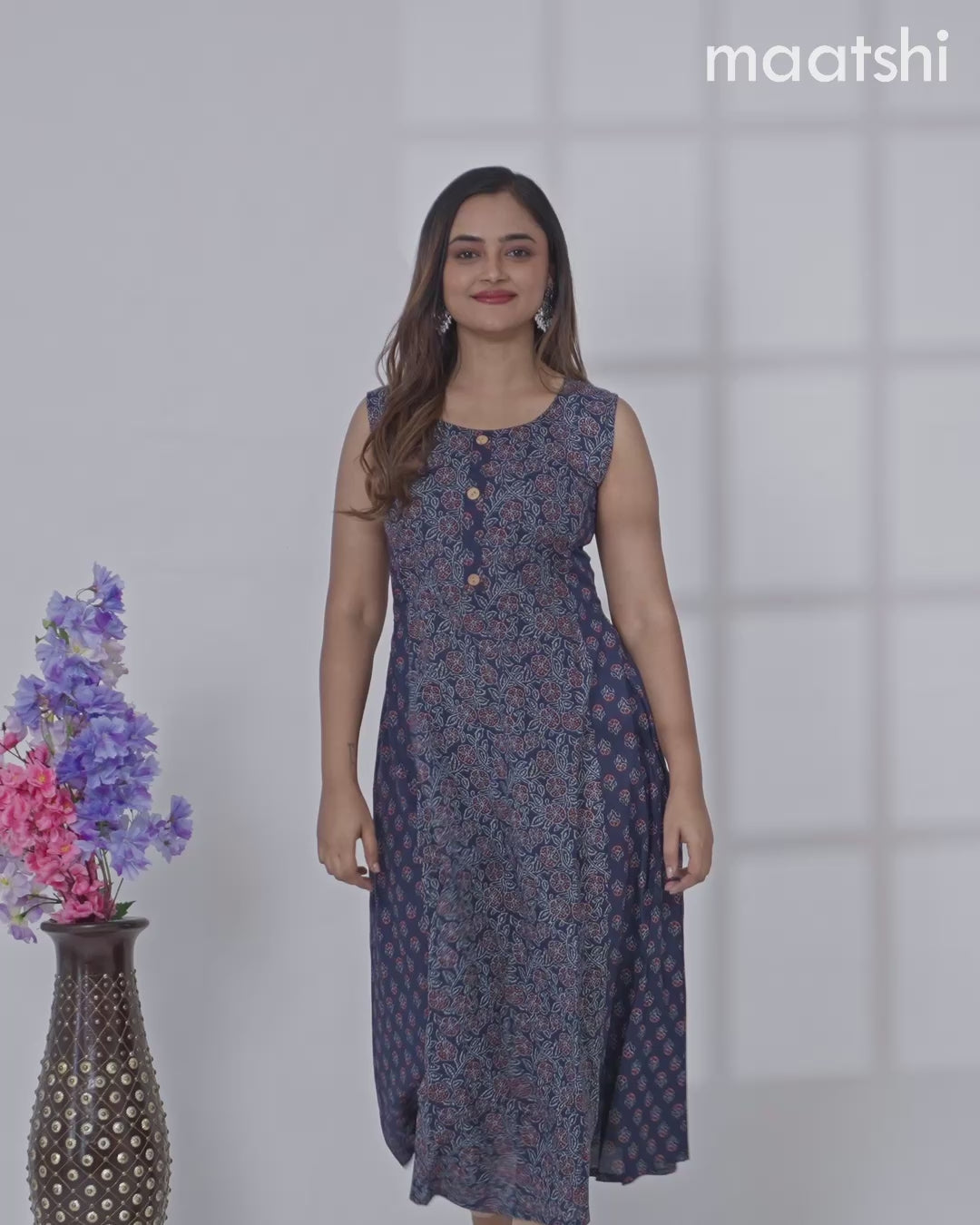 Cotton anarkali kurti dark blue with allover floral prints & simple patch work neck pattern without pant - sleeve attached